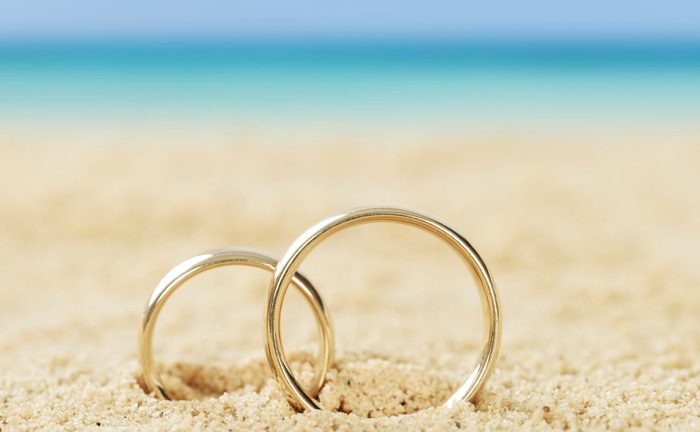 Wedding rings on the beach.