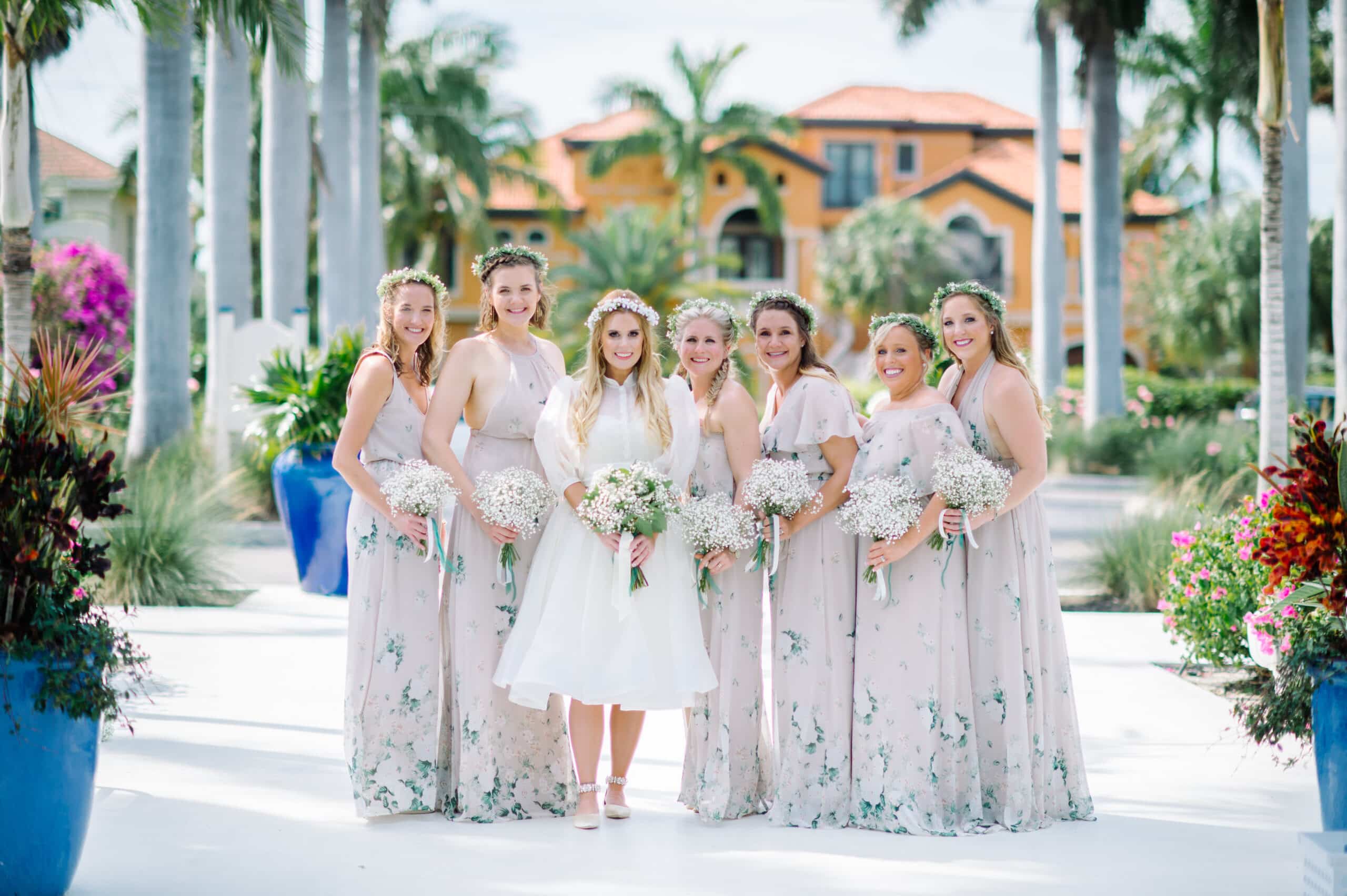 bridesmaids floral dresses destination wedding