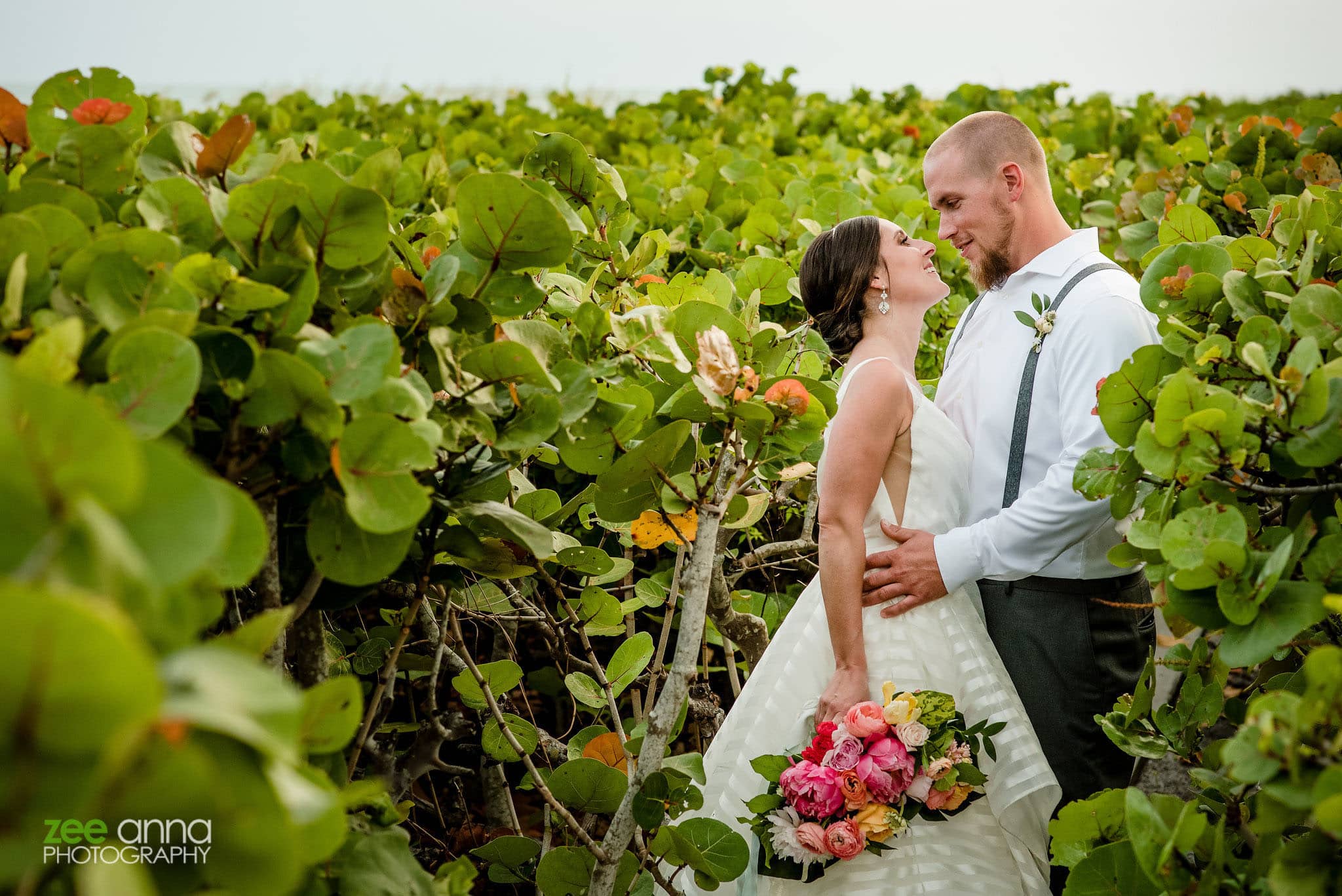wedding couple photo greenery plants island