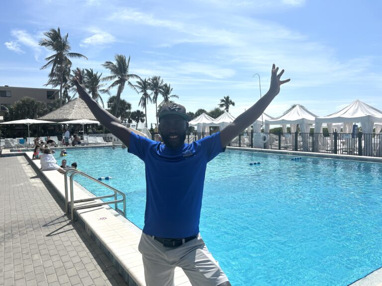 rec team celebrating by sundial pool