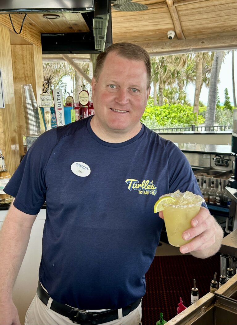 jim with golden margarita at turtles on sanibel at sundial resort