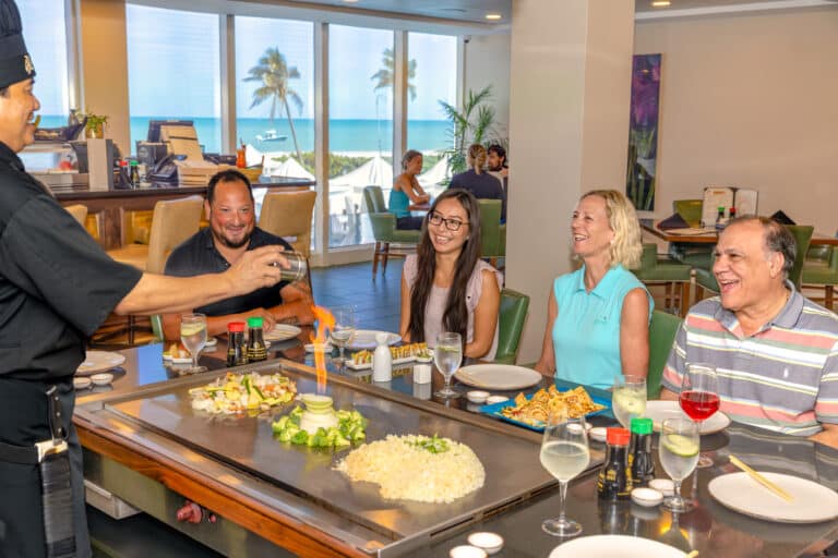 shima steak and sushi at flat top hibachi table from back of table