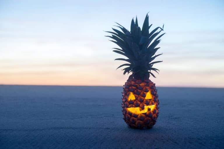 carved jack o lantern pineapple on the beach