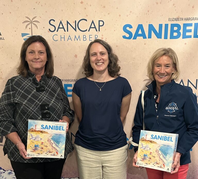 game designer elizabeth hargrave with sundial DOSM Donna Brown and General Manager Becky Miller