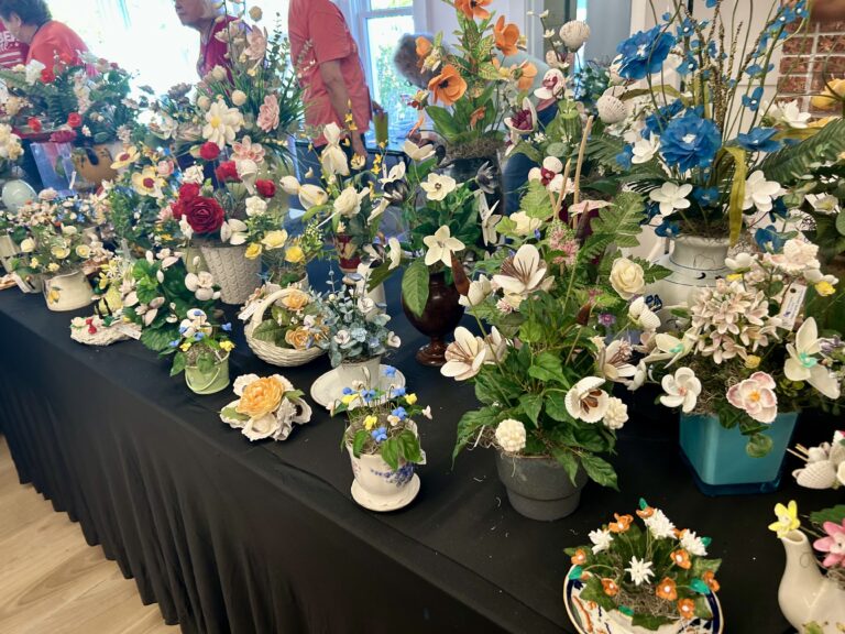 2026 sanibel shell show display of floral bouquets made from shells