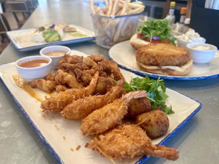 lunch dishes from Captain's Catch restaurant at Sundial Resort on Sanibel Island - fried shrimp, crab cake, fries