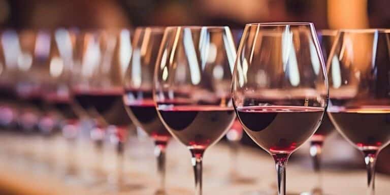 clos eup of a large selection of red wine glasses with red wine in them